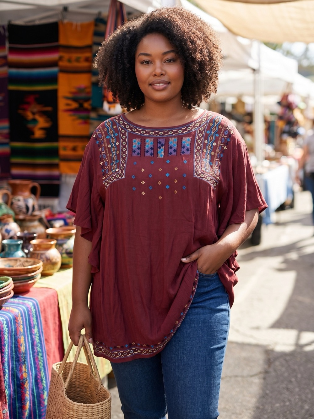 Umgee Wine boho tunic with colorful embroidered yoke and hem. - Picture 2 of 7